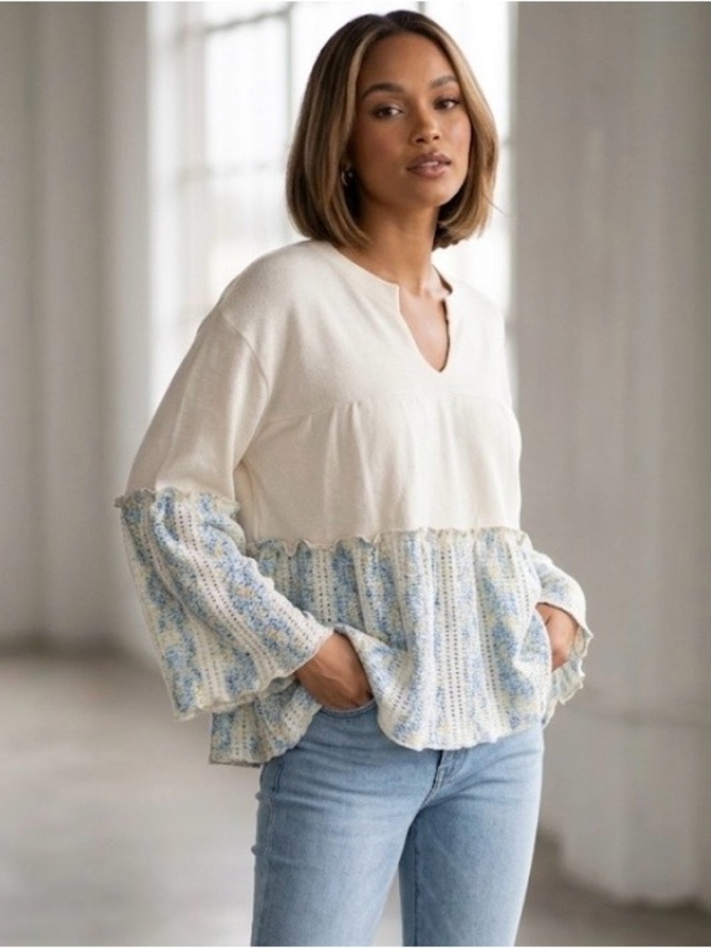 Young Threads Boho Mixed Media Ruffle Floral Top NWT Small